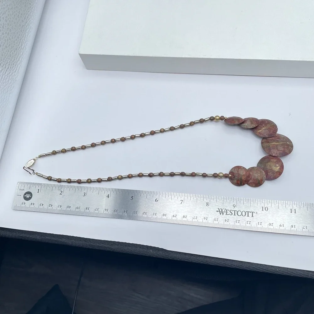 VTG‎ Earthy Jasper Stone Slab Necklace Brown Wood Tube Spacer Bead Chunky Tribal